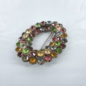Vintage‎ Multi Color Rhinestone Wreath Brooch Silver Tone Mid Century Pin 2"